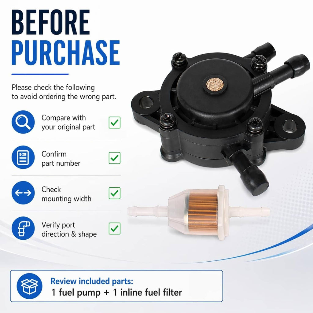 Black fuel pump with inline fuel filter and two hoses, ready for small engine fit