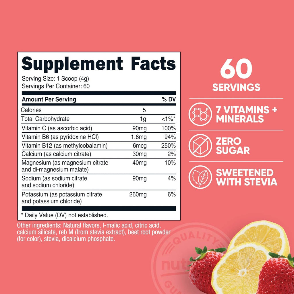 Electrolytes powder Supplement Facts panel with serving size and nutrient amounts chart