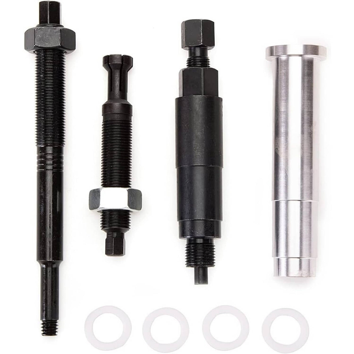 Spark plug remover kit with three pullers, one silver sleeve, and four rings