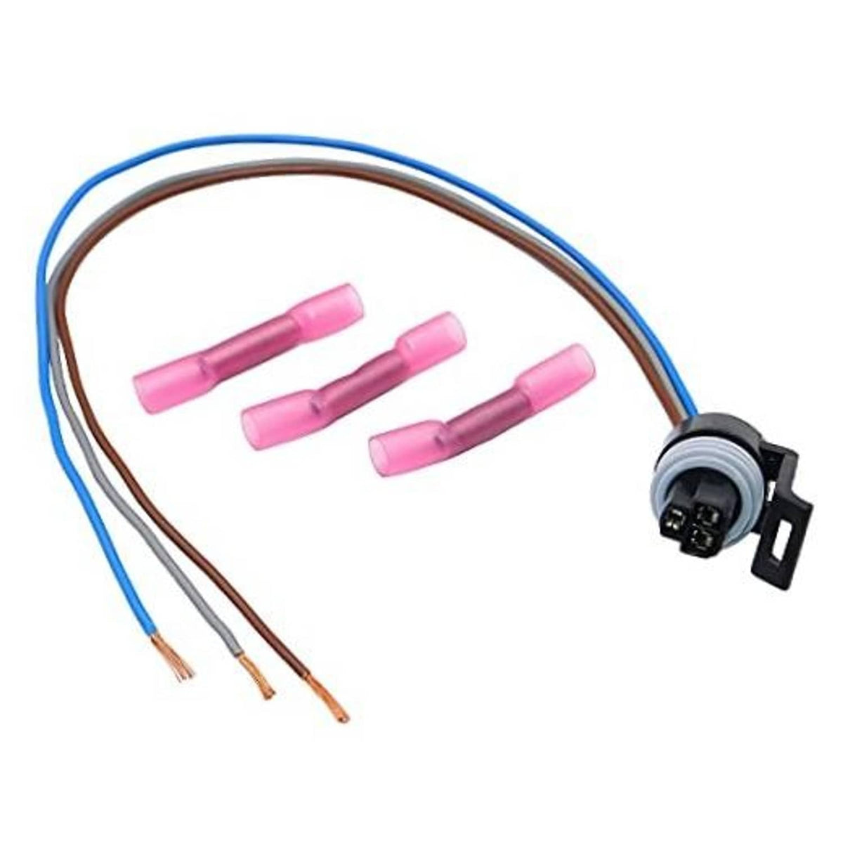 3-way sensor connector pigtail harness with three pink heat-shrink terminals and wires