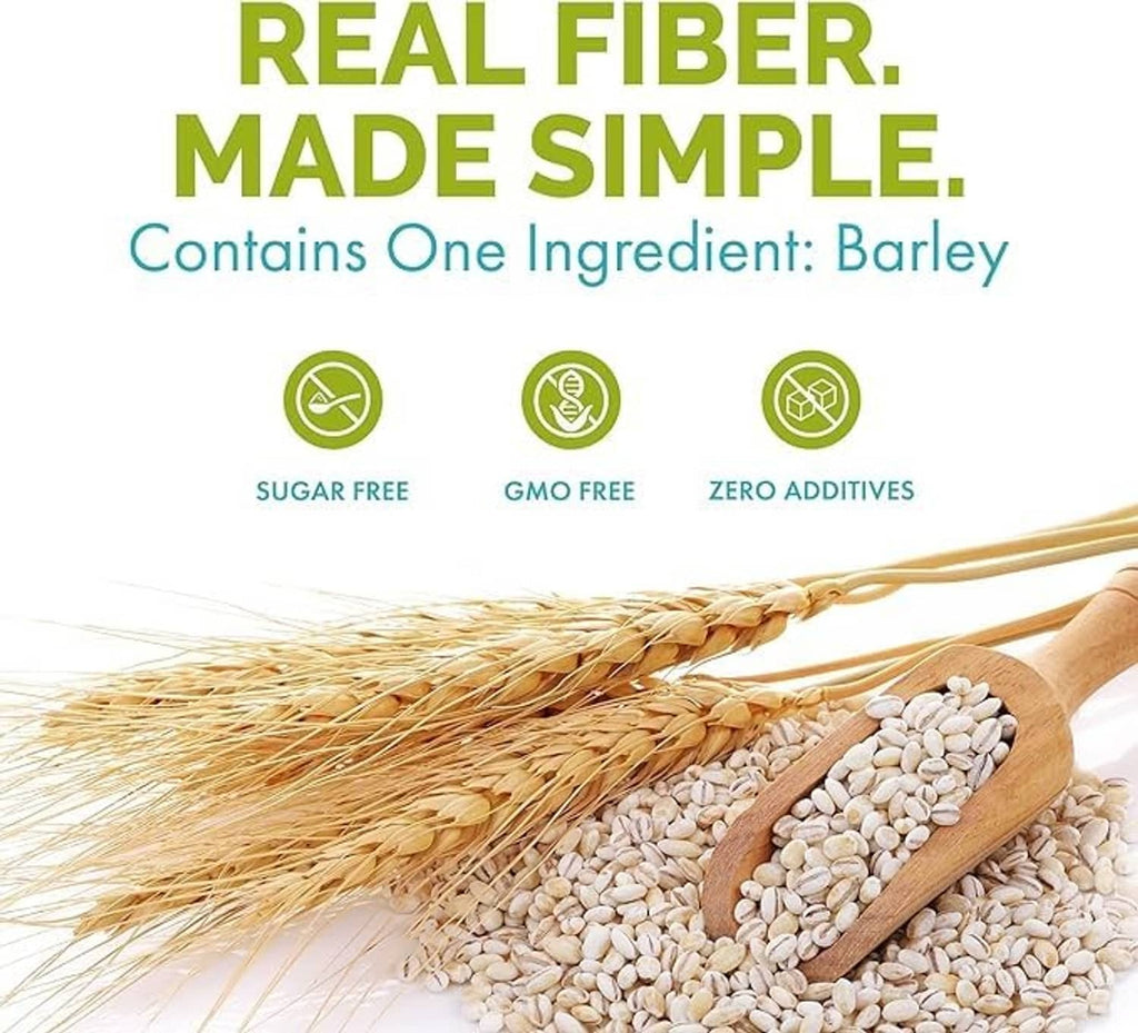 Barley grains on spoon with fibers for one-ingredient barley beta-glucan supplement