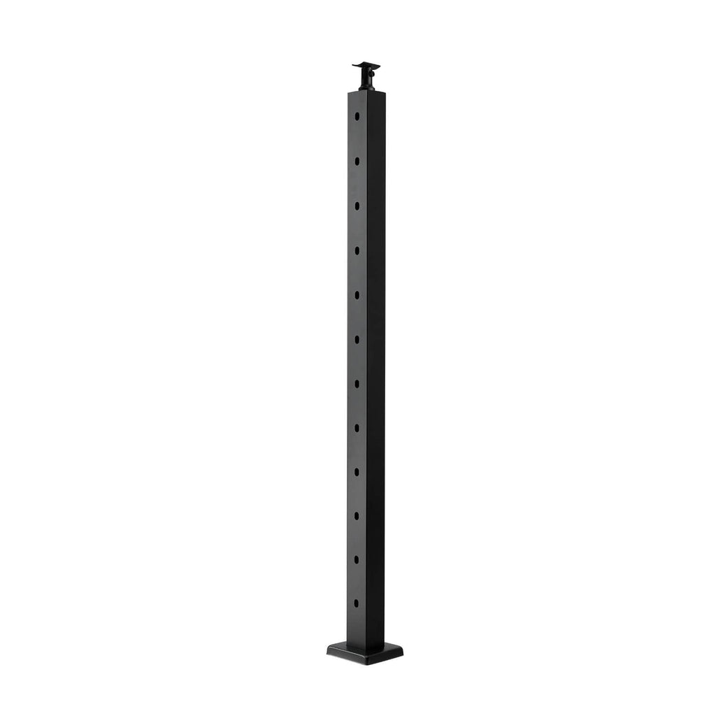 Black cable railing post with multiple pre-drilled holes and flared base plate