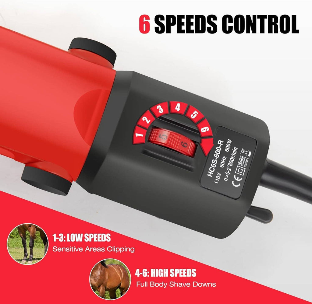 Red and black horse clipper with 6-speed control dial on the side