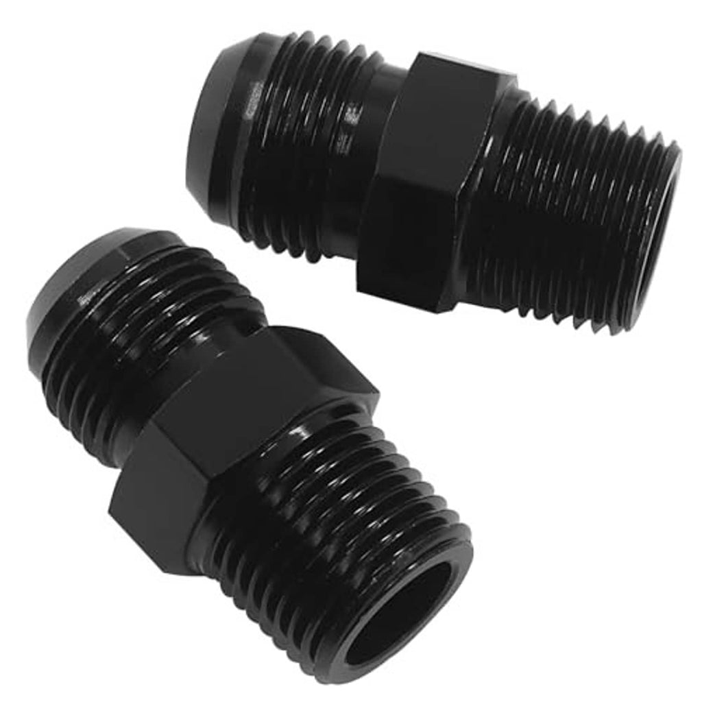 Black flare-to-1/2 in NPT adapter, hex coupler with visible threaded ports