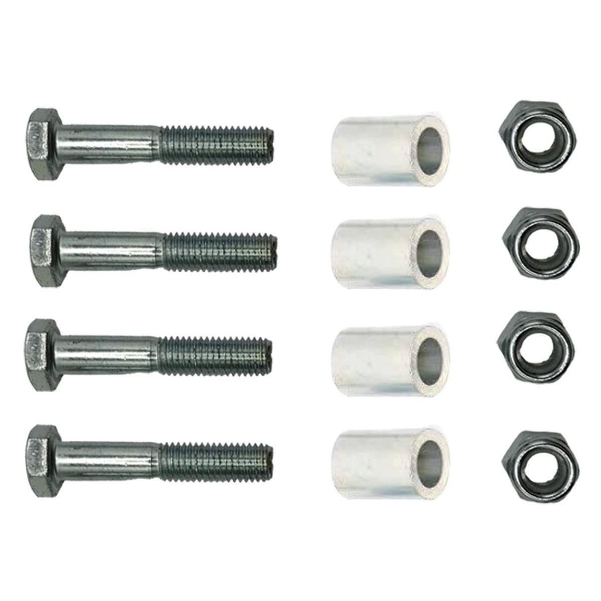 Threaded bolts, bushings, and lock nuts for suspension leveling lift installation