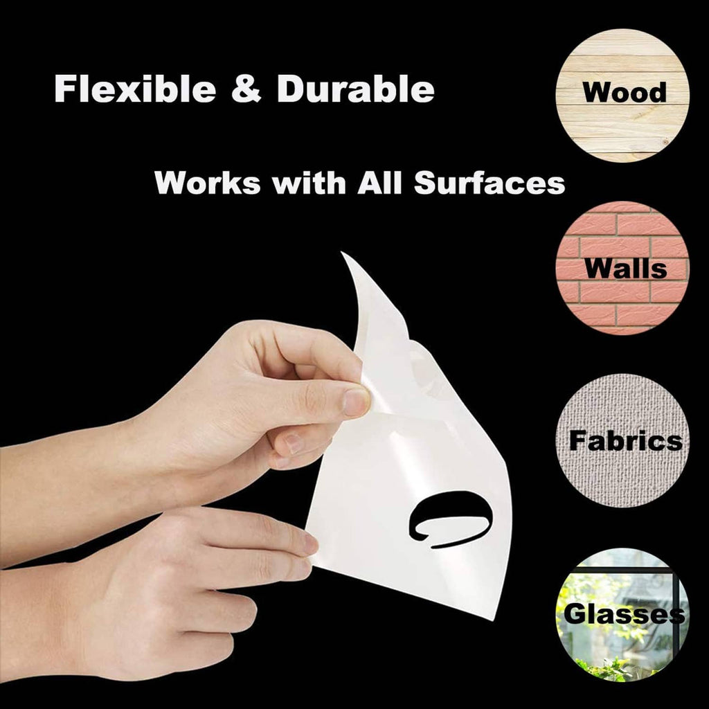 Hand applying a stencil sheet to a surface, with icons for wood, walls, fabrics, glasses