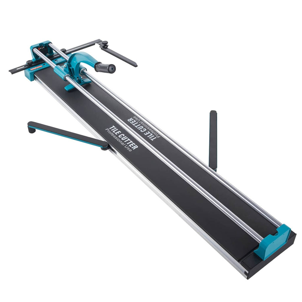 Manual tile cutter with black base, teal frame, and long metal cutting rails