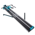 Manual tile cutter with black base, teal frame, and long metal cutting rails