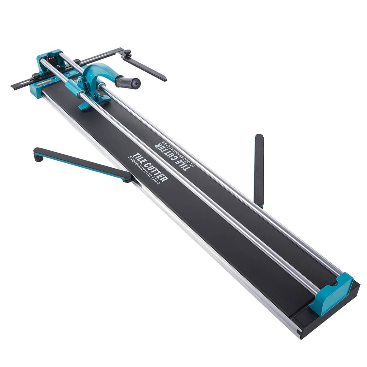 Manual tile cutter with black base, teal frame, and long metal cutting rails