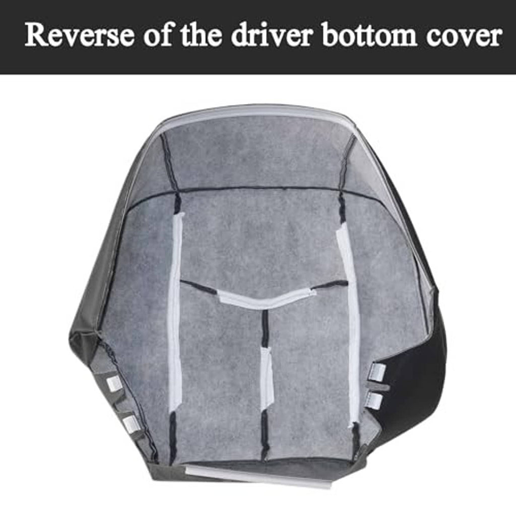 Reverse side of dark gray driver seat bottom cover with straps and black backing