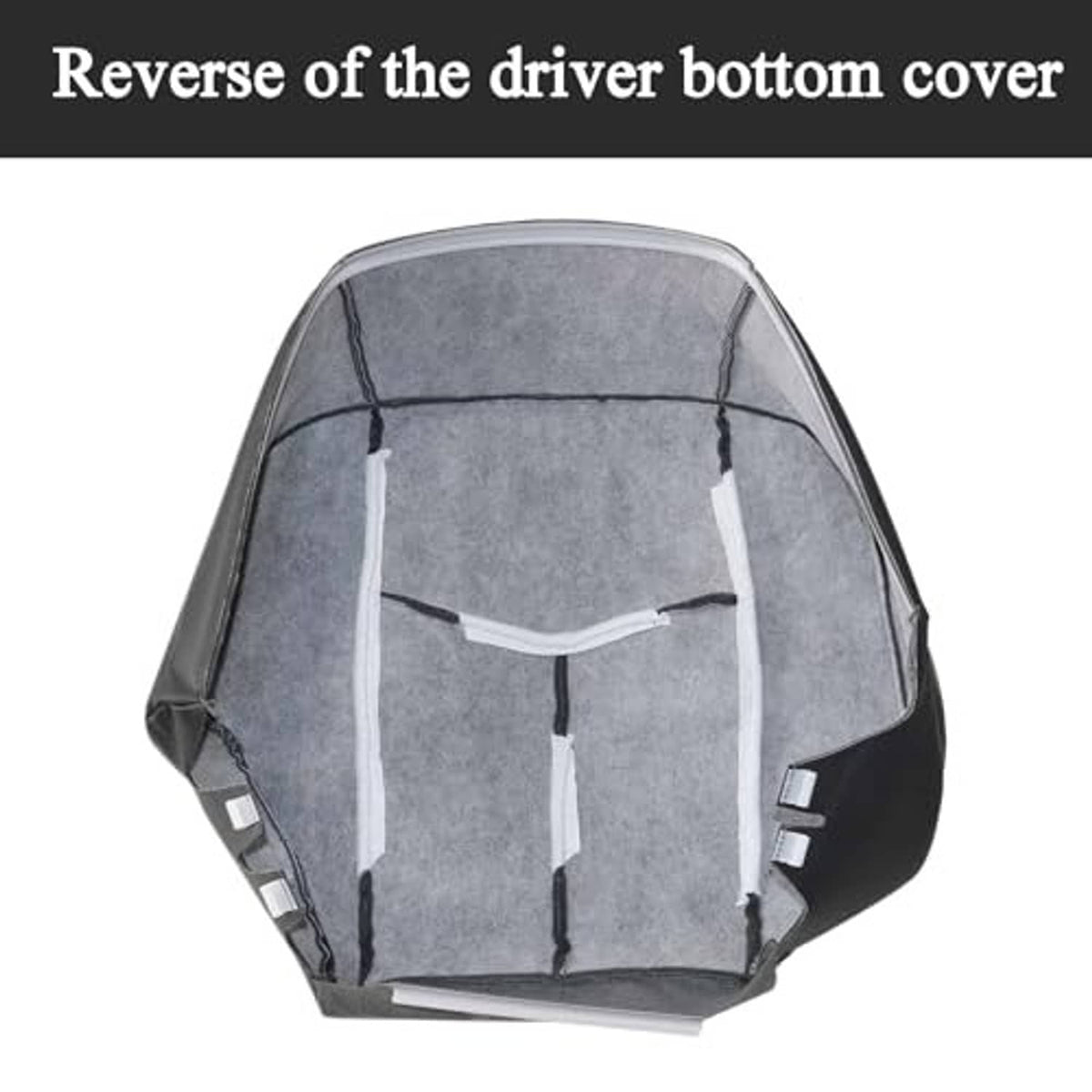 Reverse side of dark gray driver seat bottom cover with straps and black backing