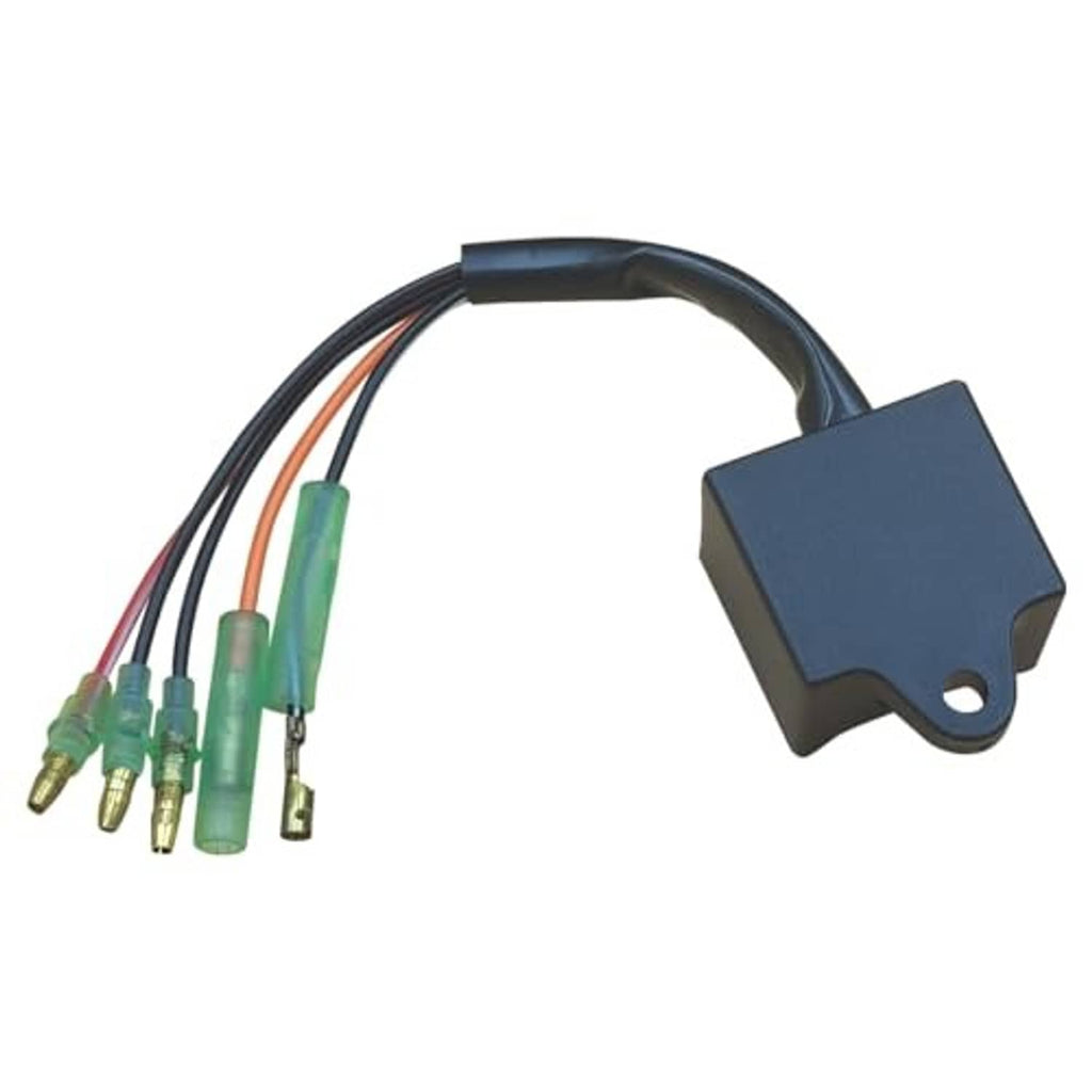 CDI ignition control box with curved wire leads and green terminals, side profile