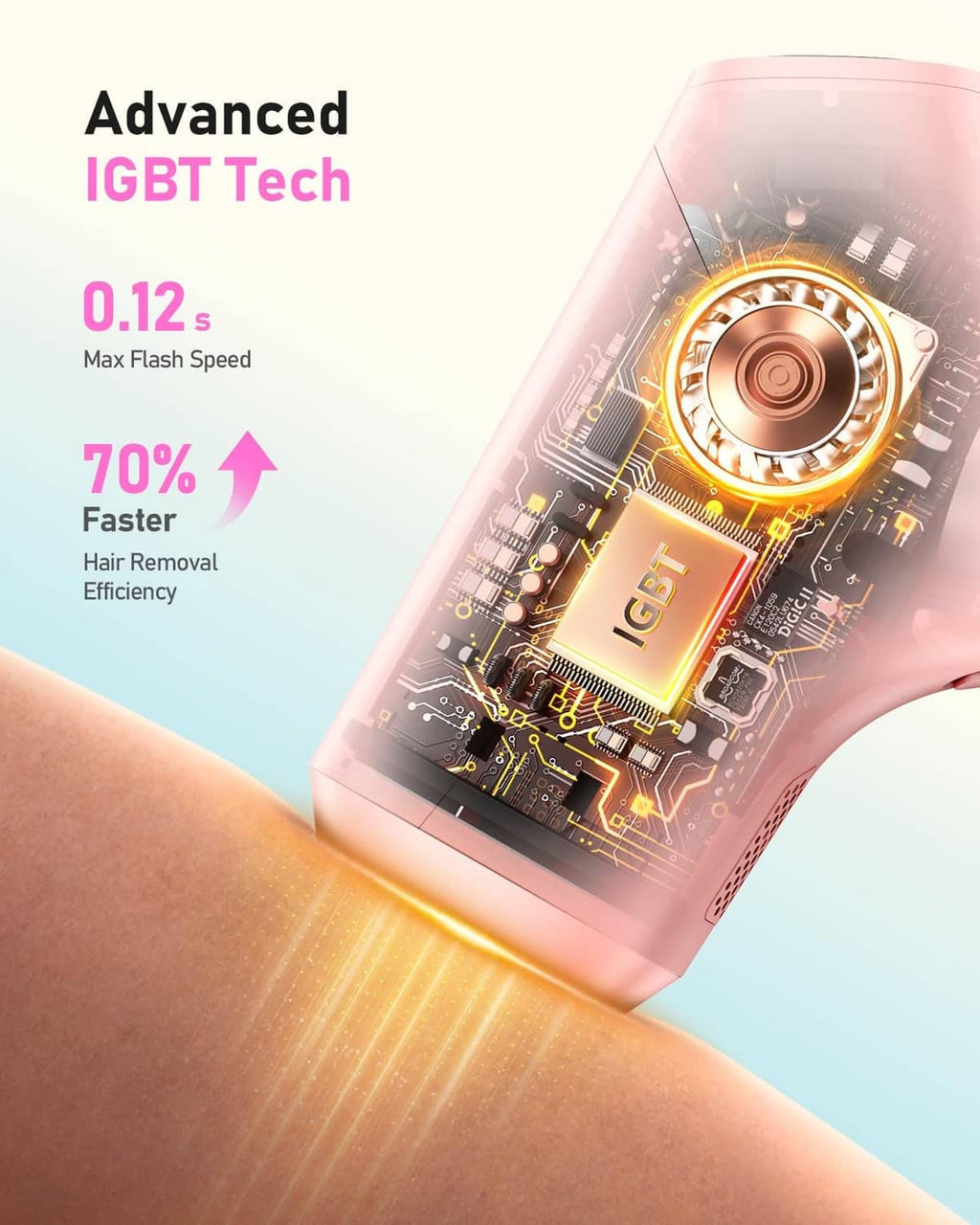 Pink at-home IPL hair removal device close-up with internal IGBT-style diagram