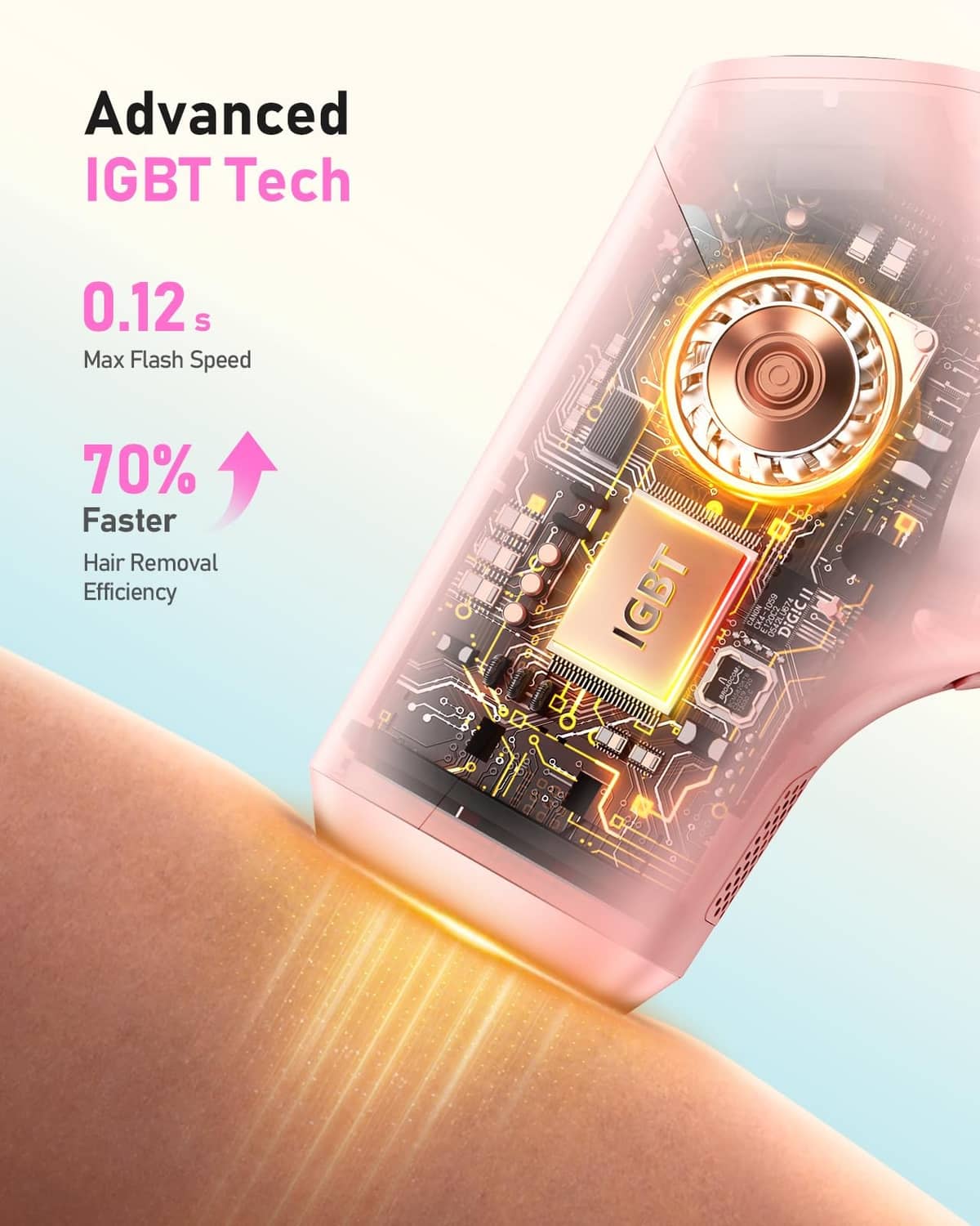 Pink at-home IPL hair removal device close-up with internal IGBT-style diagram