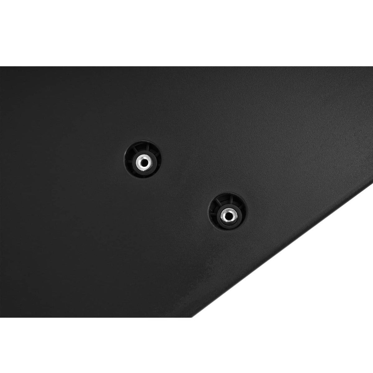 Black mounting plate underside with two screw holes and grommets