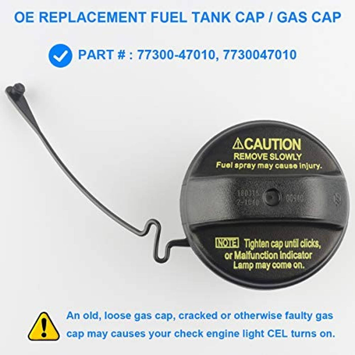 Black fuel cap with caution label and tethered latch handle