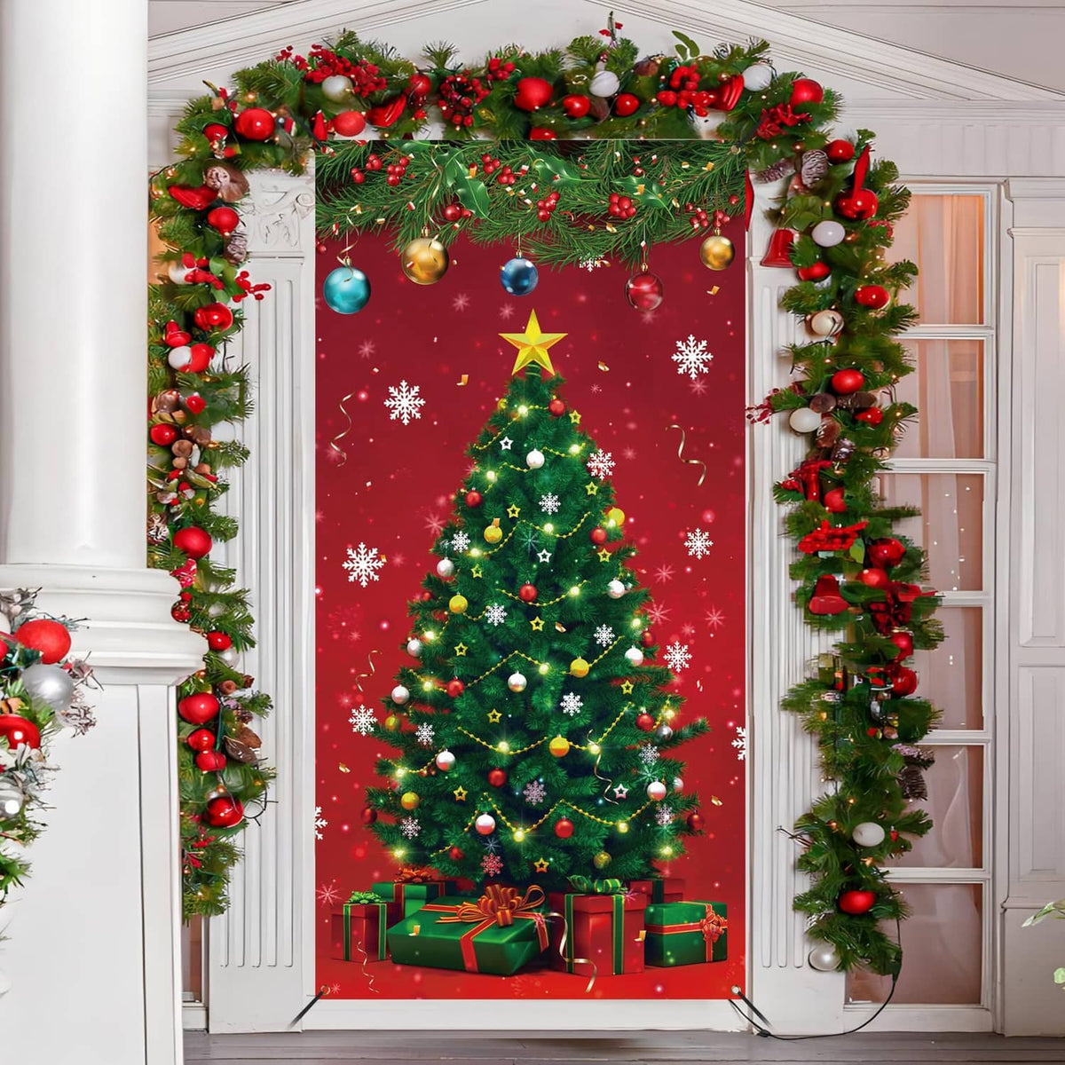 Red Christmas door cover with printed evergreen tree, snowflakes, ornaments, and presents