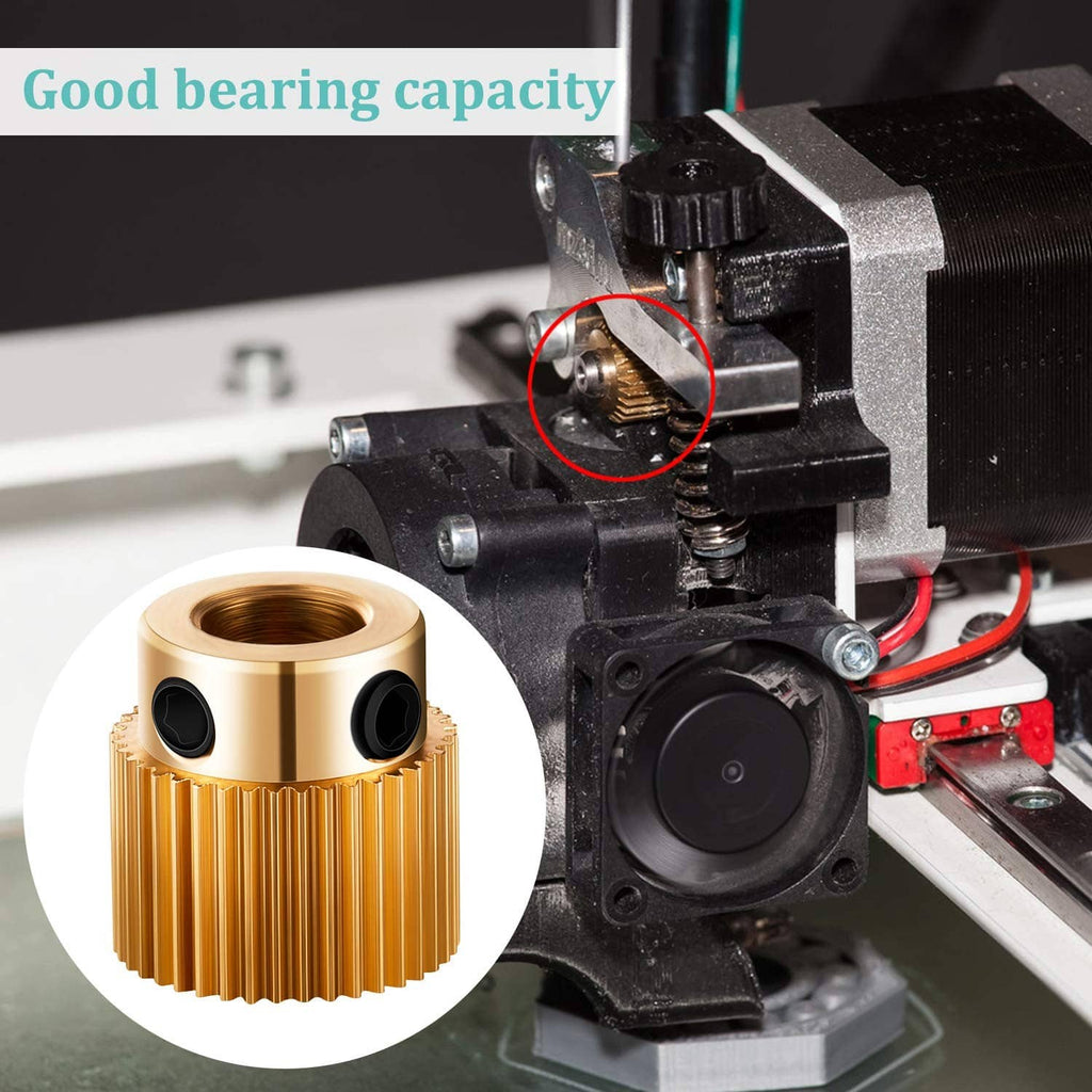 Brass extruder drive wheel on 3D printer extruder assembly