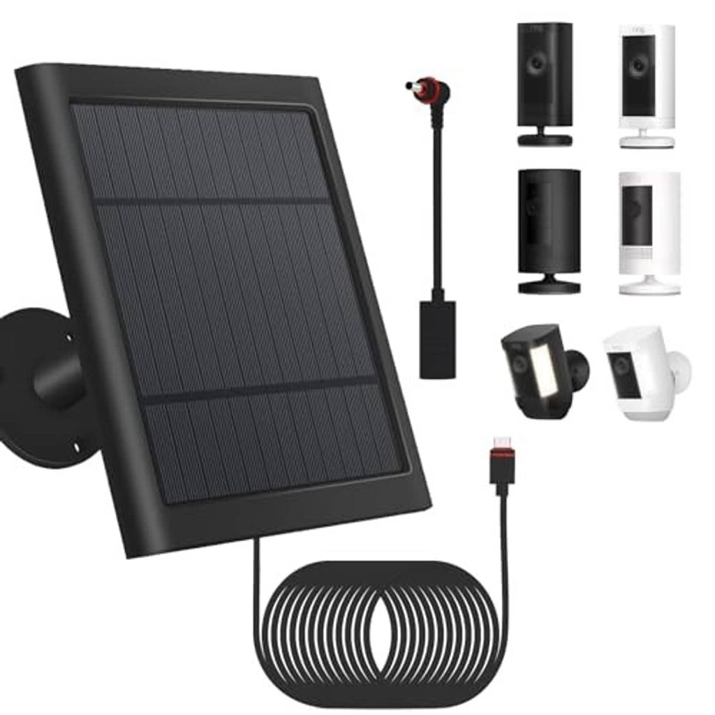 Dark black solar panel with wall mount, mounting hardware, and wired cable for security cam