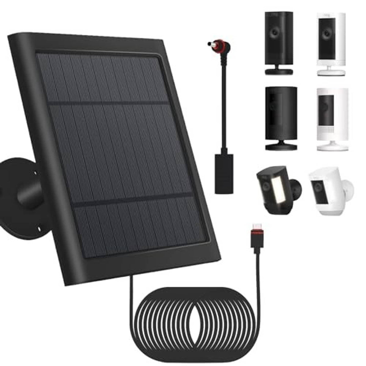 Dark black solar panel with wall mount, mounting hardware, and wired cable for security cam