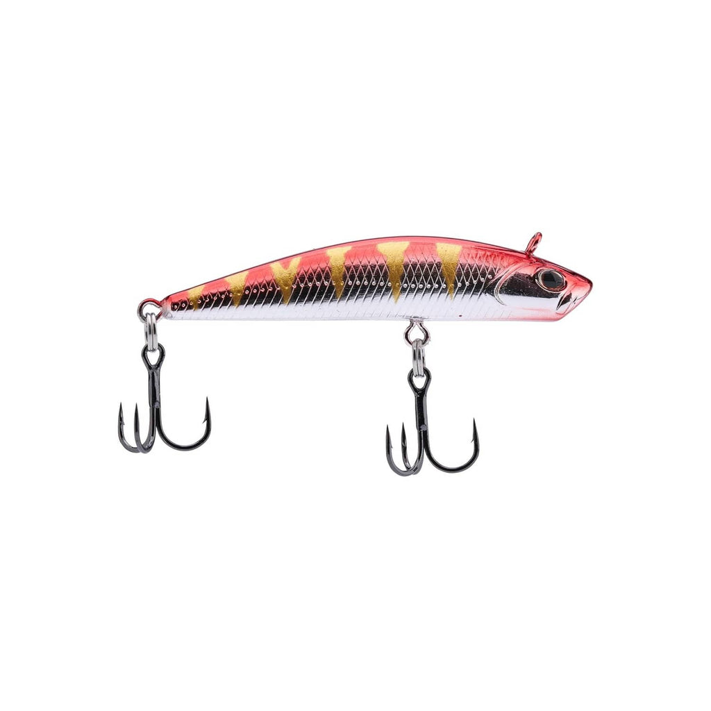 Fishing minnow lure with treble hooks in red and silver chrome finish.