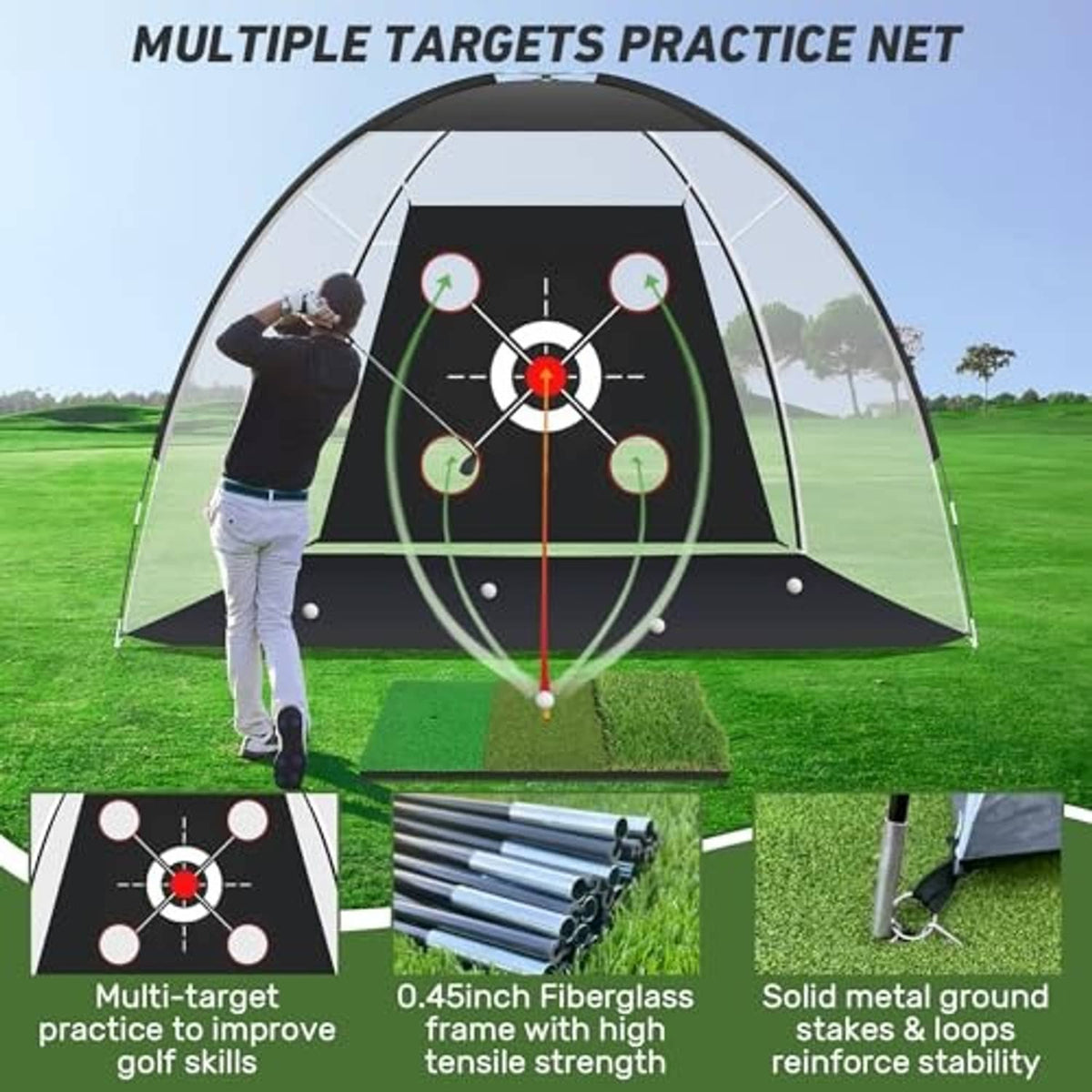 Golf practice net with multi-target ring board and green turf practice mat in front