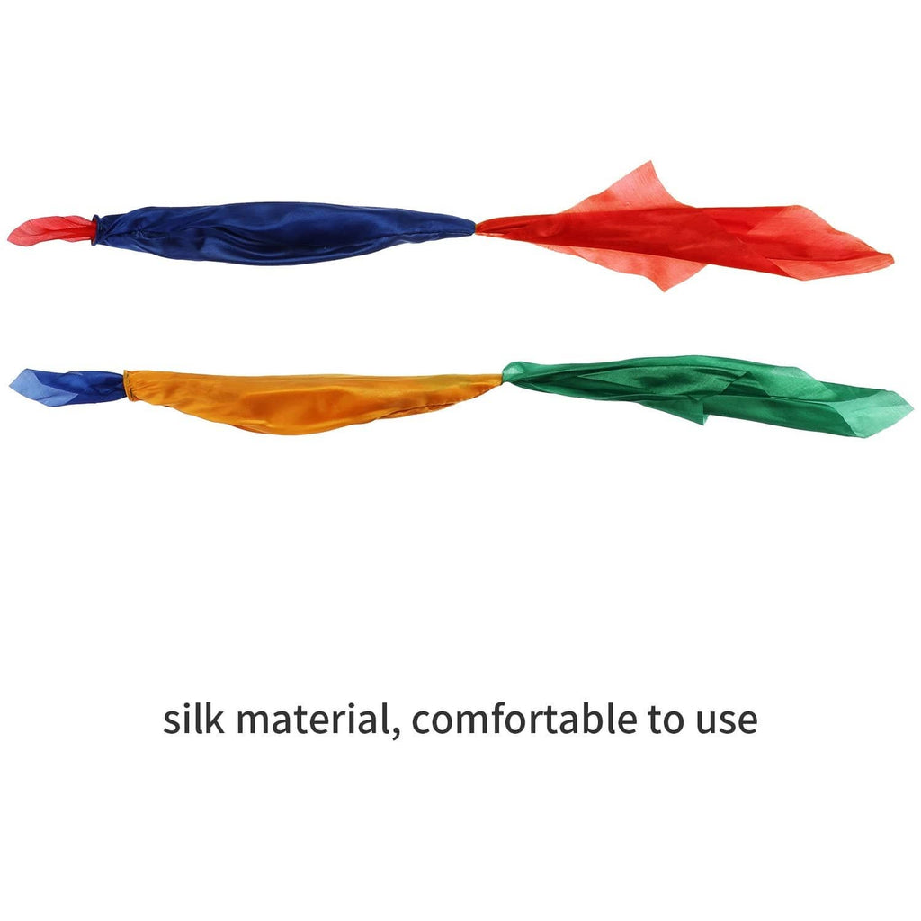 Color-changing silk hanky scarf set laid flat: red/blue, orange/blue, green/blue