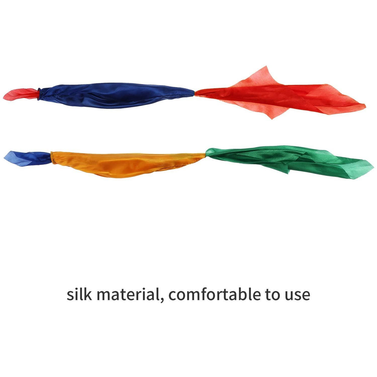 Color-changing silk hanky scarf set laid flat: red/blue, orange/blue, green/blue