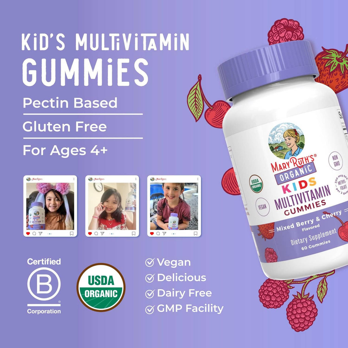 Kids multivitamin gummies bottle with pectin based, gluten free, and age 4+ info