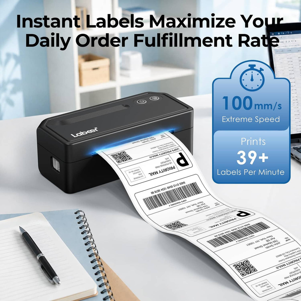 Black wireless thermal label printer printing shipping labels in fast motion