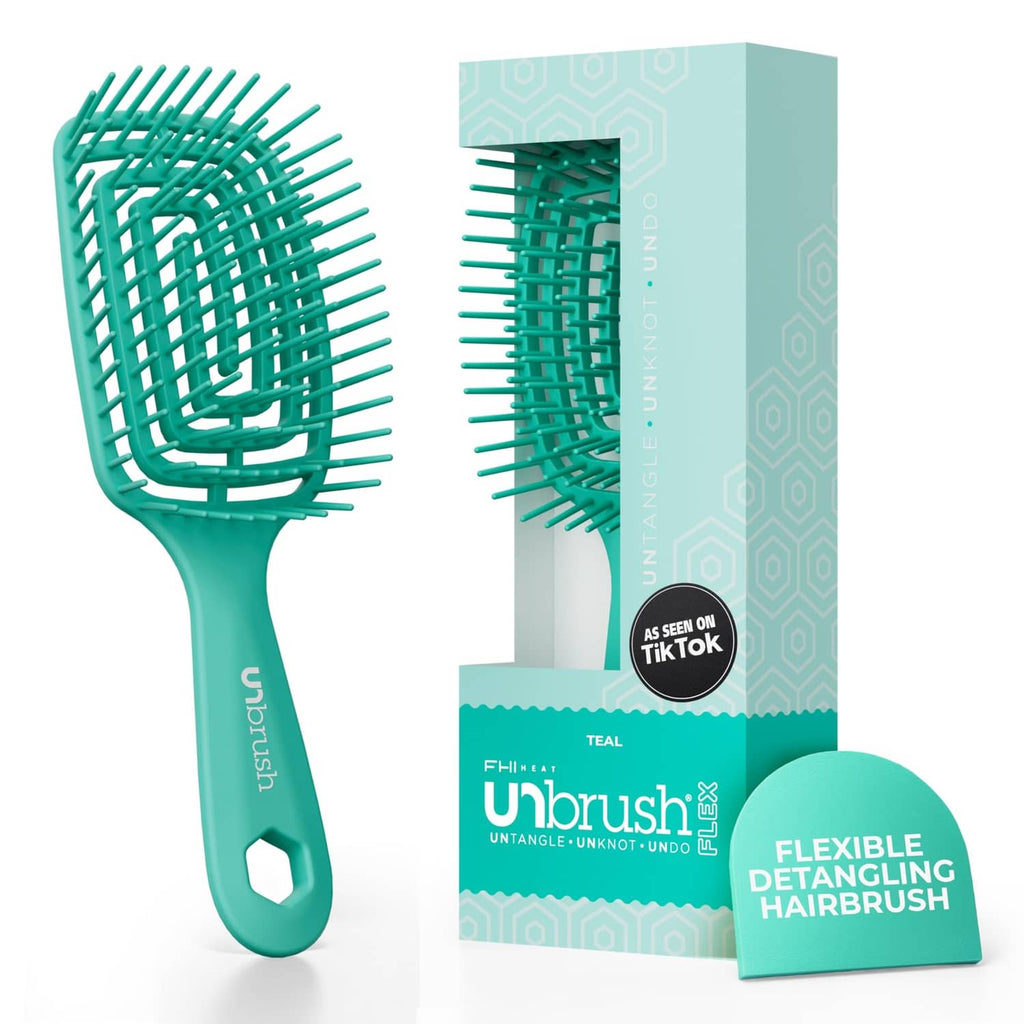 Teal FHI Heat unbrush flex detangling hairbrush with retail box packaging