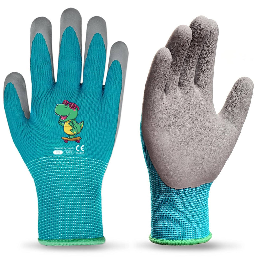Kids gardening gloves, bright blue and gray with dinosaur cartoon on the back