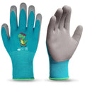 Kids gardening gloves, bright blue and gray with dinosaur cartoon on the back