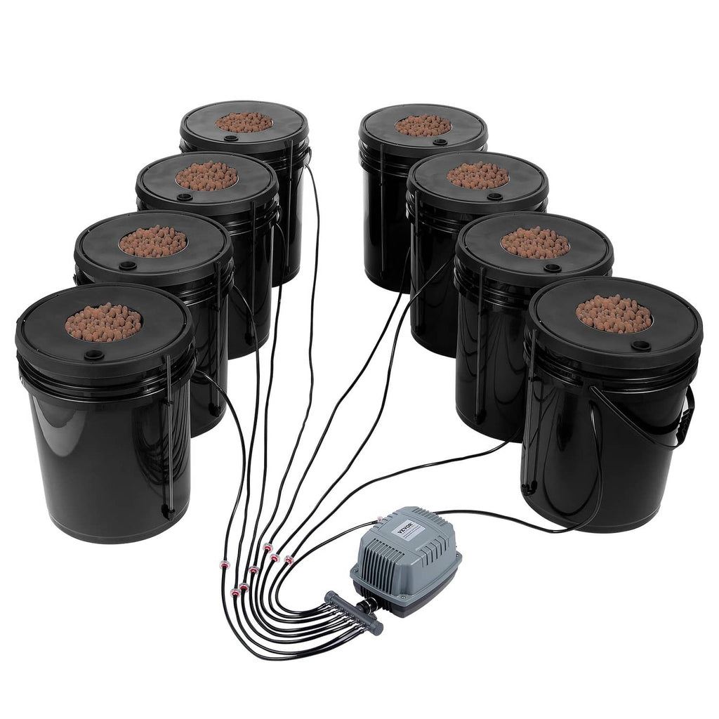 Hydroponic DWC system with eight black buckets, air pump, and connected air tubing