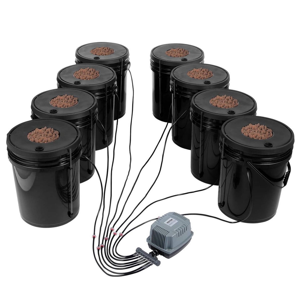 Hydroponic DWC system with eight black buckets, air pump, and connected air tubing