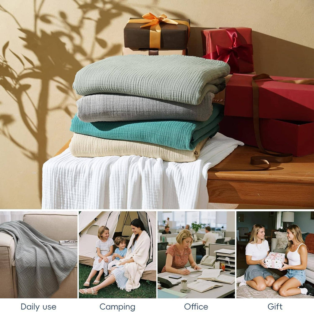 Stack of folded muslin blankets in white and teal, ready for daily use or gifting