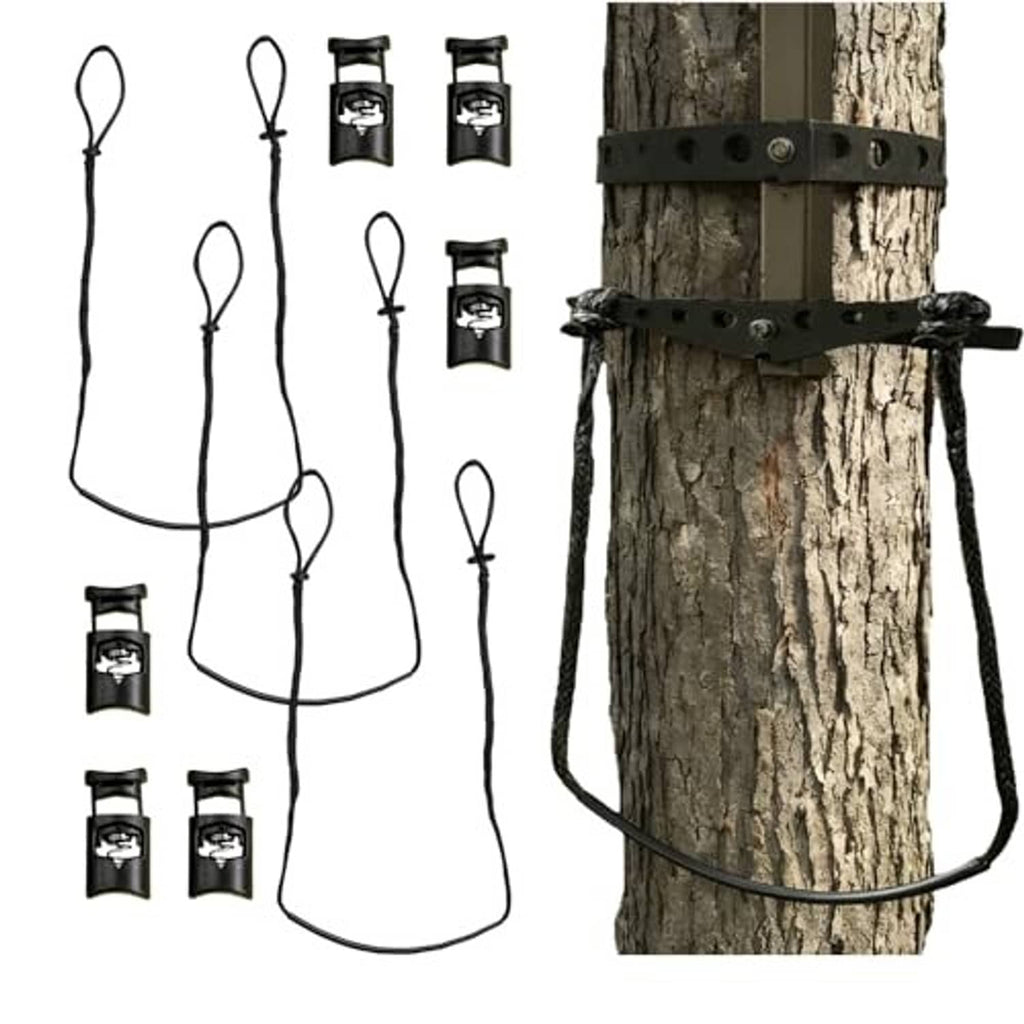 Climbing stick aider set of 3 with braided straps and buckles, shown attached to a tree
