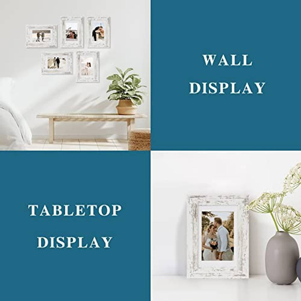 Distressed white 5x7 frame set for wall or tabletop display with small portrait photos