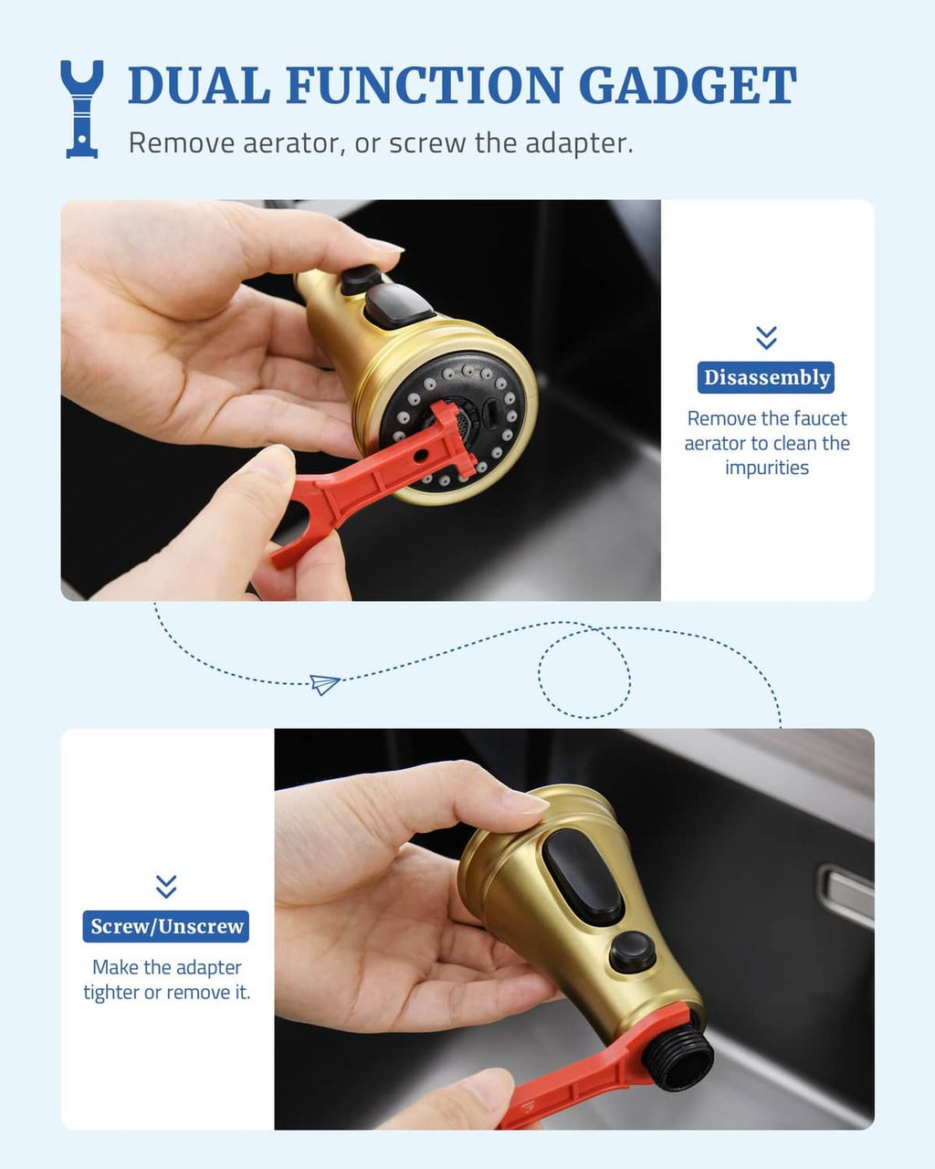 Brushed gold sprayer head with removable adapter and aerator access shown