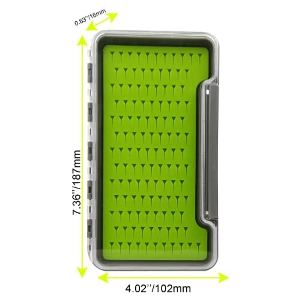 Green silicone fly fishing tackle tray with clear lid and gray ABS frame, size shown