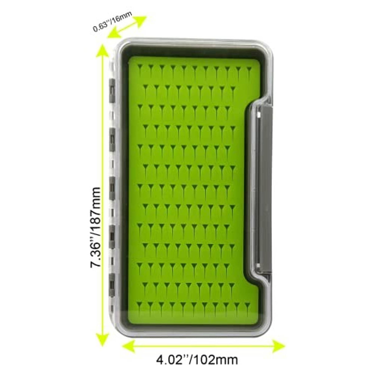 Green silicone fly fishing tackle tray with clear lid and gray ABS frame, size shown