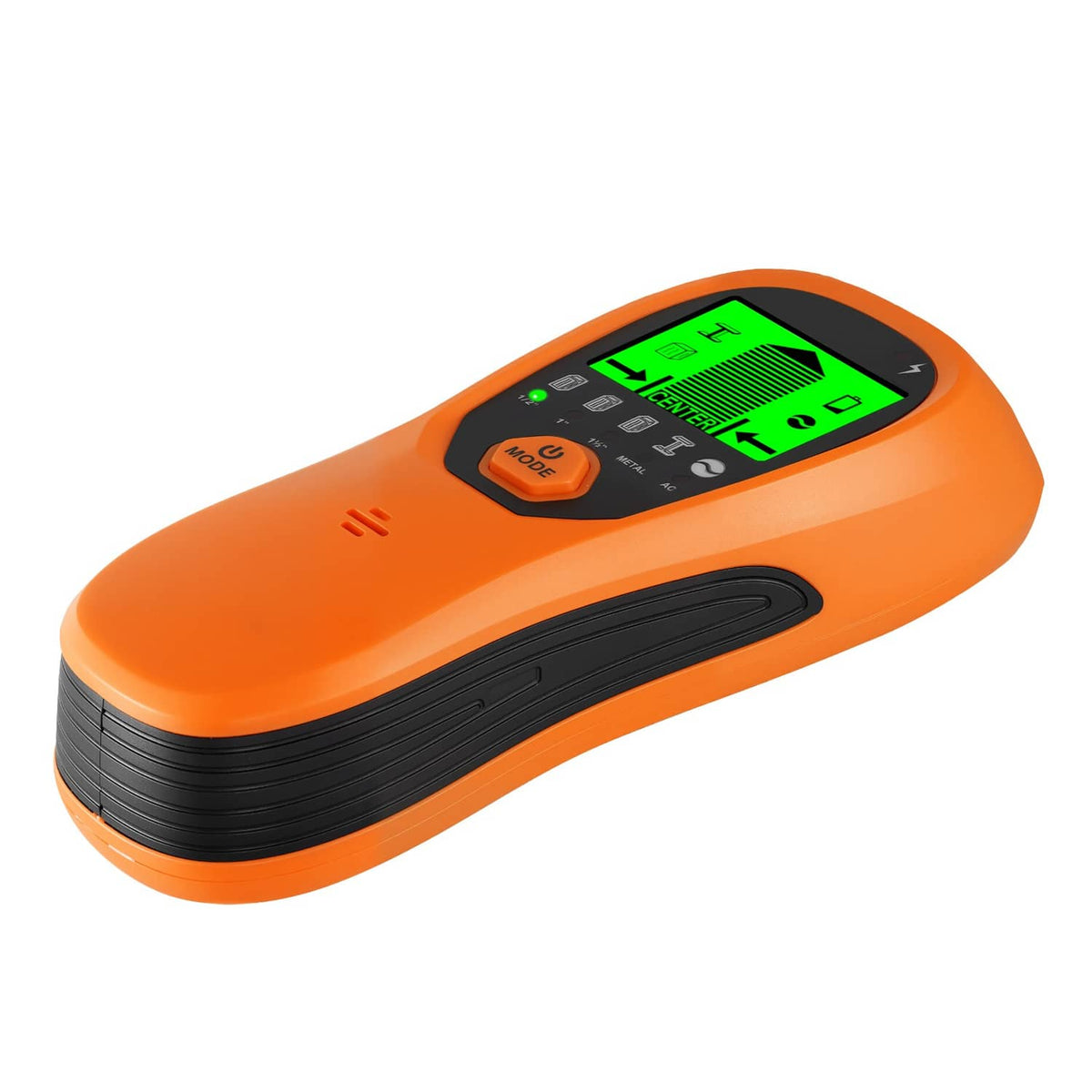 Orange electronic wall scanner with LCD screen, keypad, and grip texture