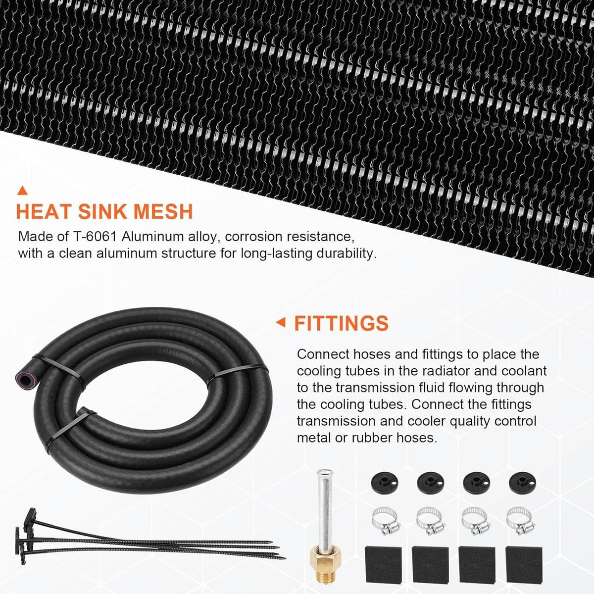 Oil cooler heat sink mesh panel with black hose loop and hose fittings