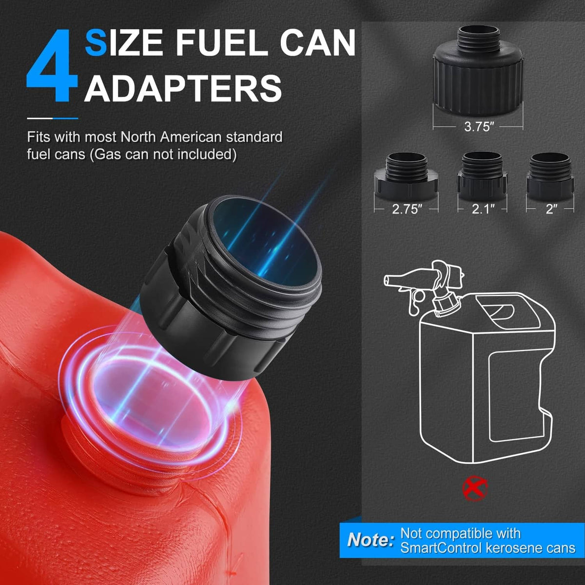Fuel transfer pump nozzle with black adapters for standard fuel cans and flexible hose