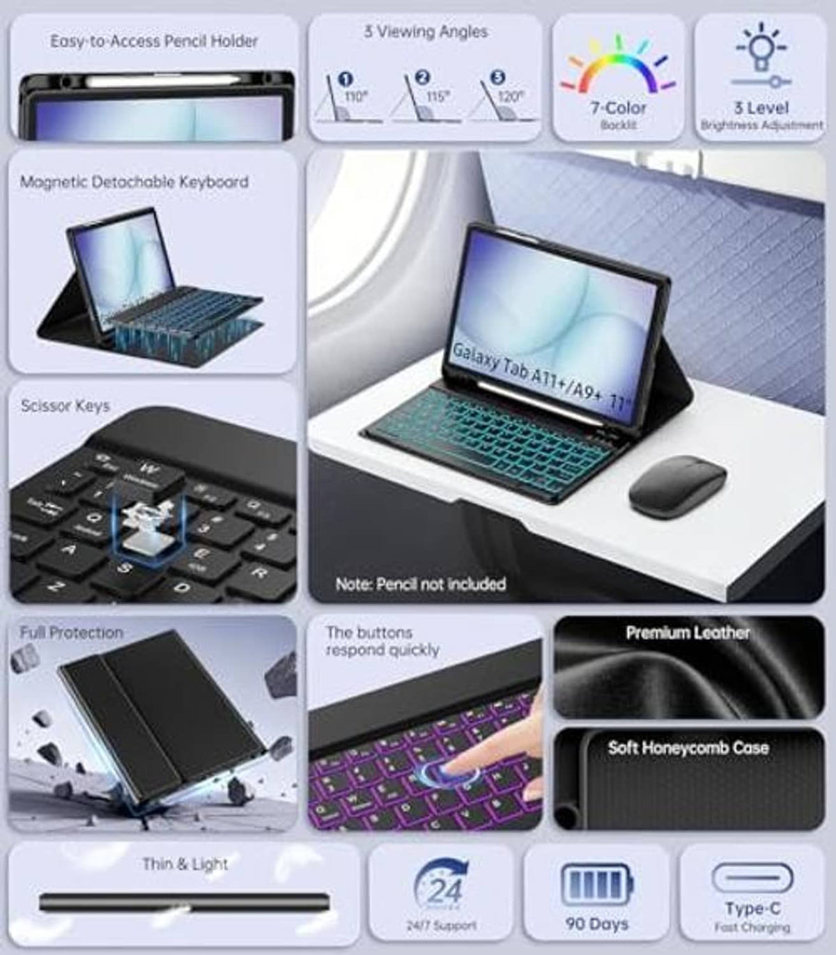 Black keyboard case with backlit keys, wireless mouse, and pencil holder design