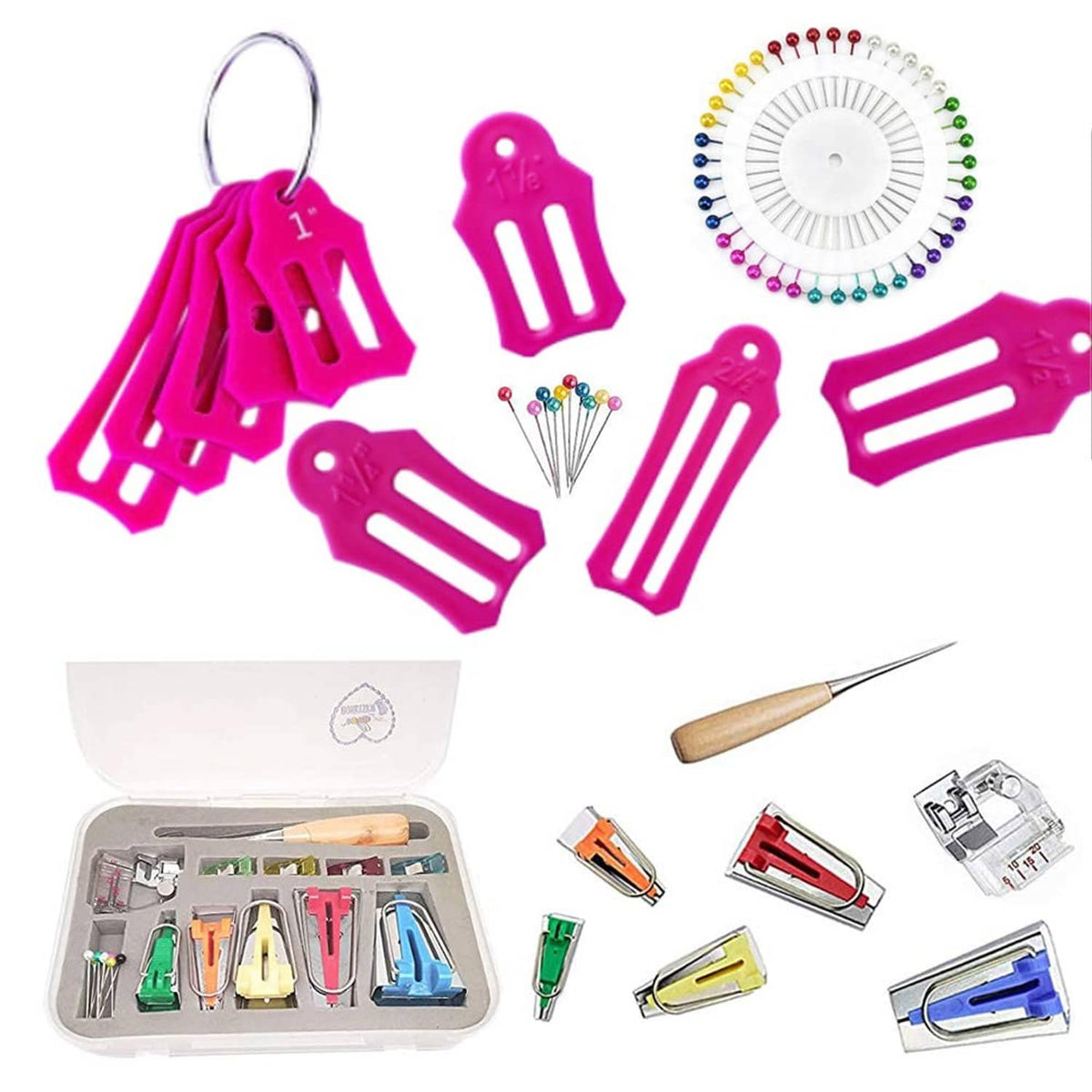 Bias tape maker tool kit with pink makers, sewing pins, clips, binder foot, storage case