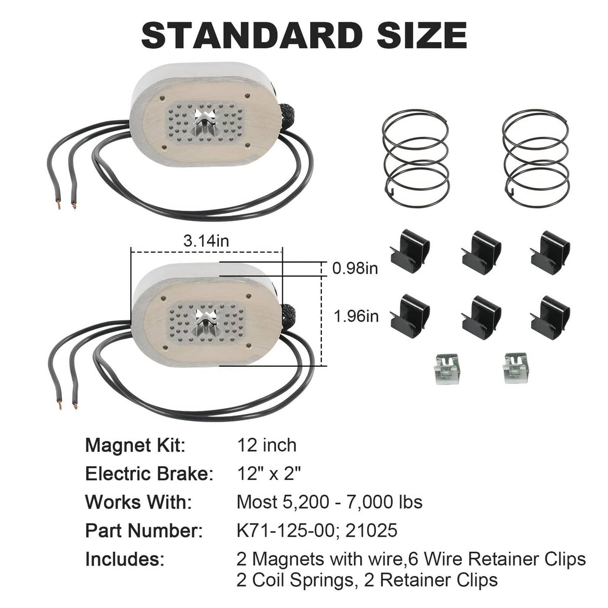 Electric brake magnet kit components: two magnets, wire harness, coil springs, and retainer clips