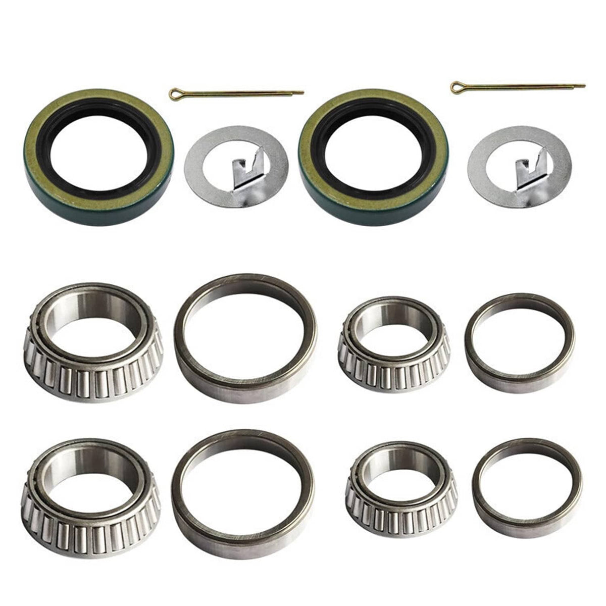 Trailer bearing kit seals set with grease seals, cotter pins, snap rings, and bearings