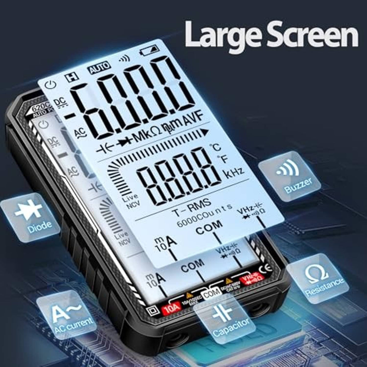 Black digital multimeter tester with large LCD display and function indicators