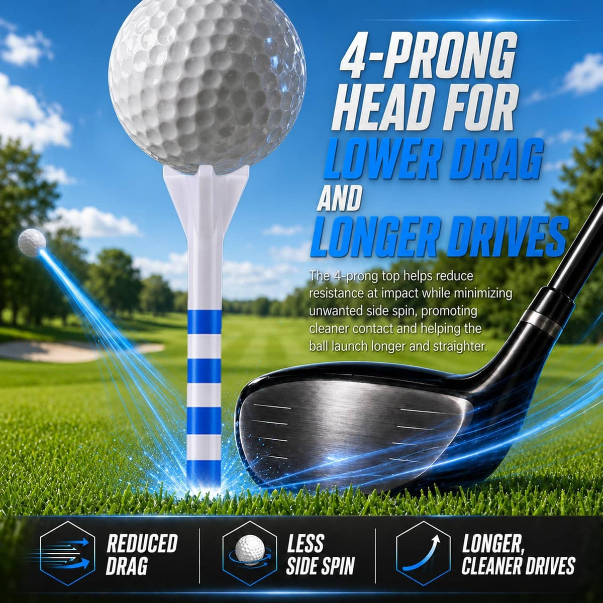 Close-up 4-prong golf tee with blue-striped shaft and white head